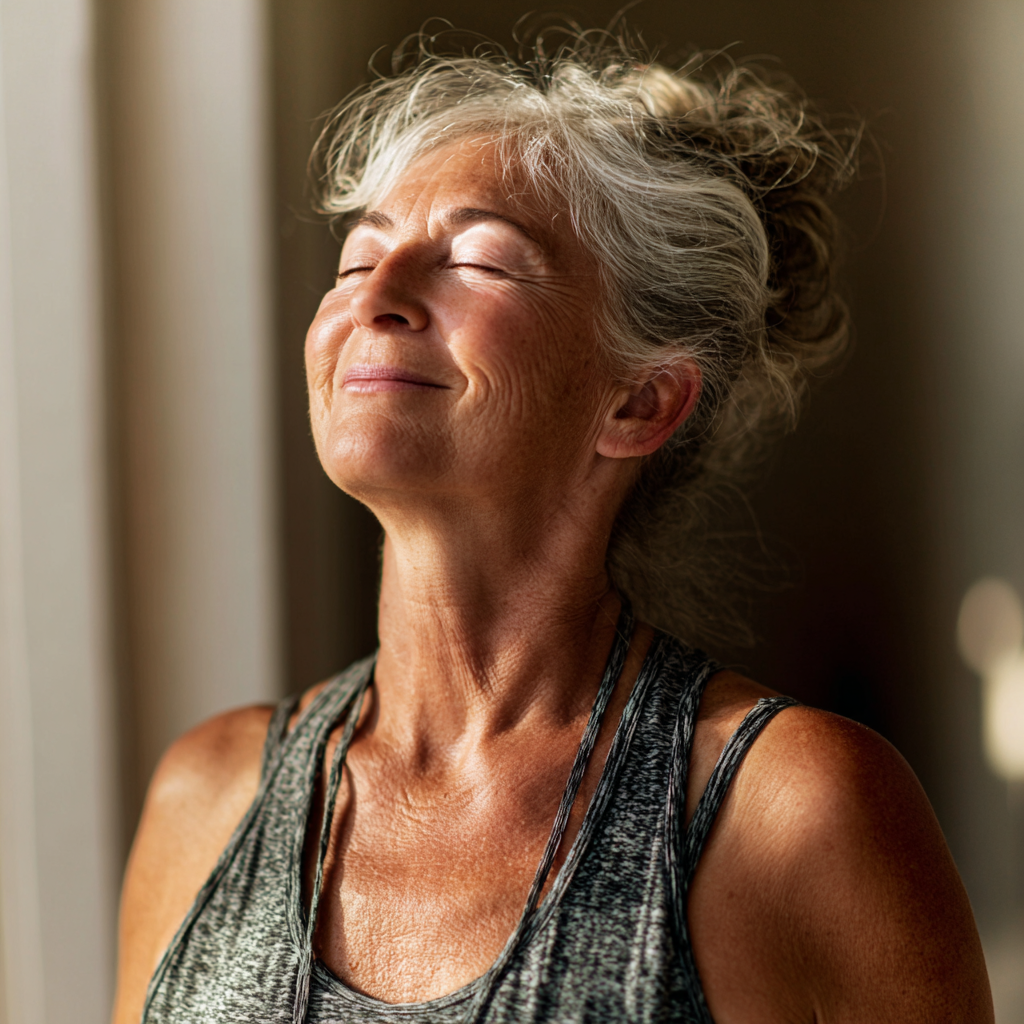 Elderly European woman practicing breathing exercises in a peaceful yoga pose outdoors