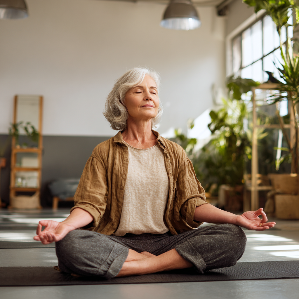 Group of elderly European adults practicing gentle yoga breathing exercises in a bright studio