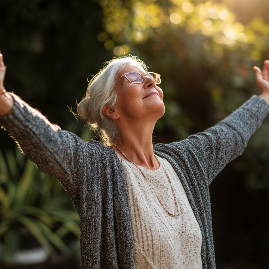 Elderly European man in meditation pose practicing breathing exercises with serene expression